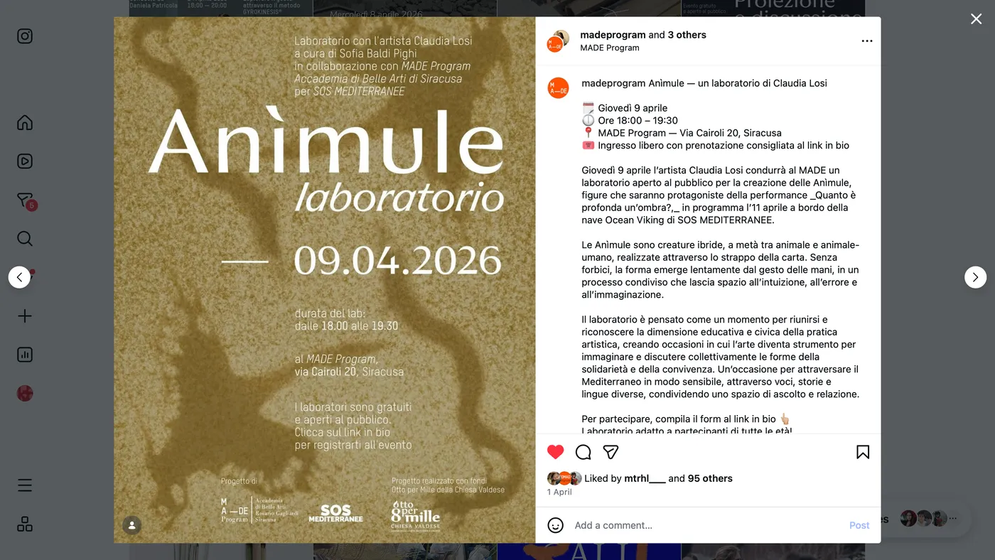 Instagram post “Anìmule laboratorio, 09.04.2026”