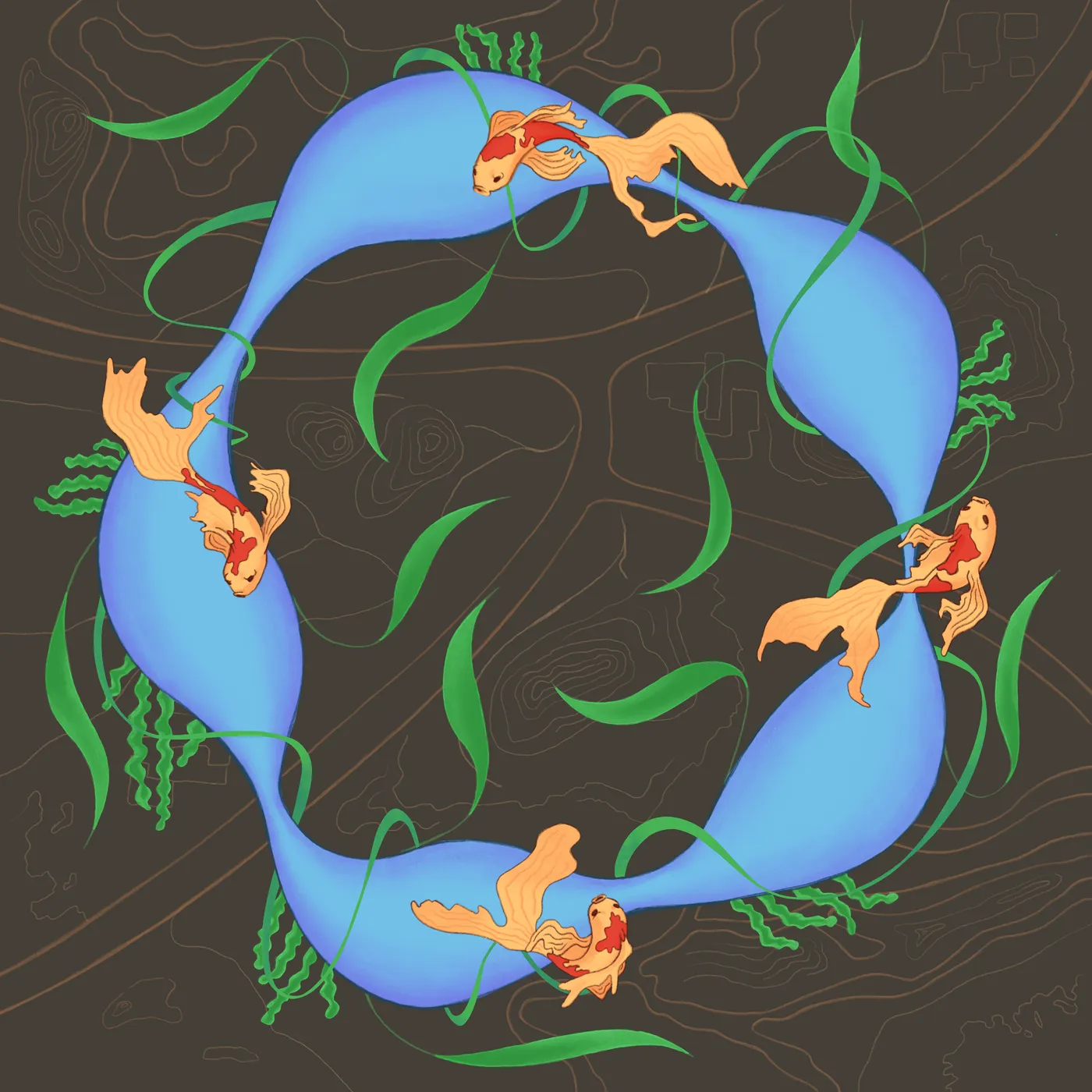 Square illustration of a watershed with koi fish in a ring