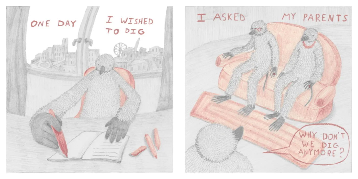 Spread: “One day I wished to dig” and “I asked my parents: why don’t we dig anymore?”