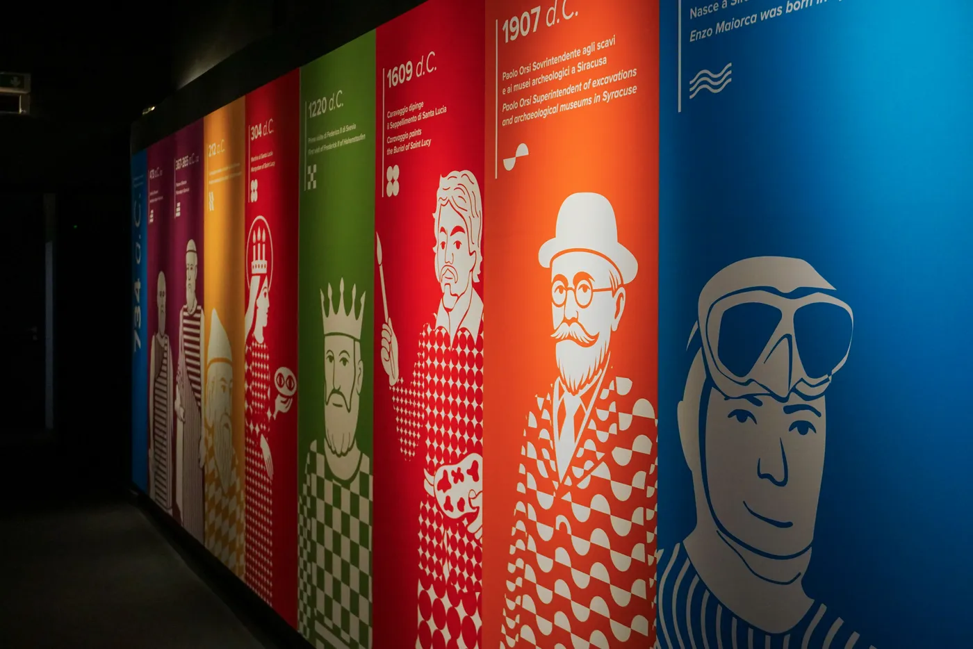 Colourful timeline wall with the characters of Siracusa's history