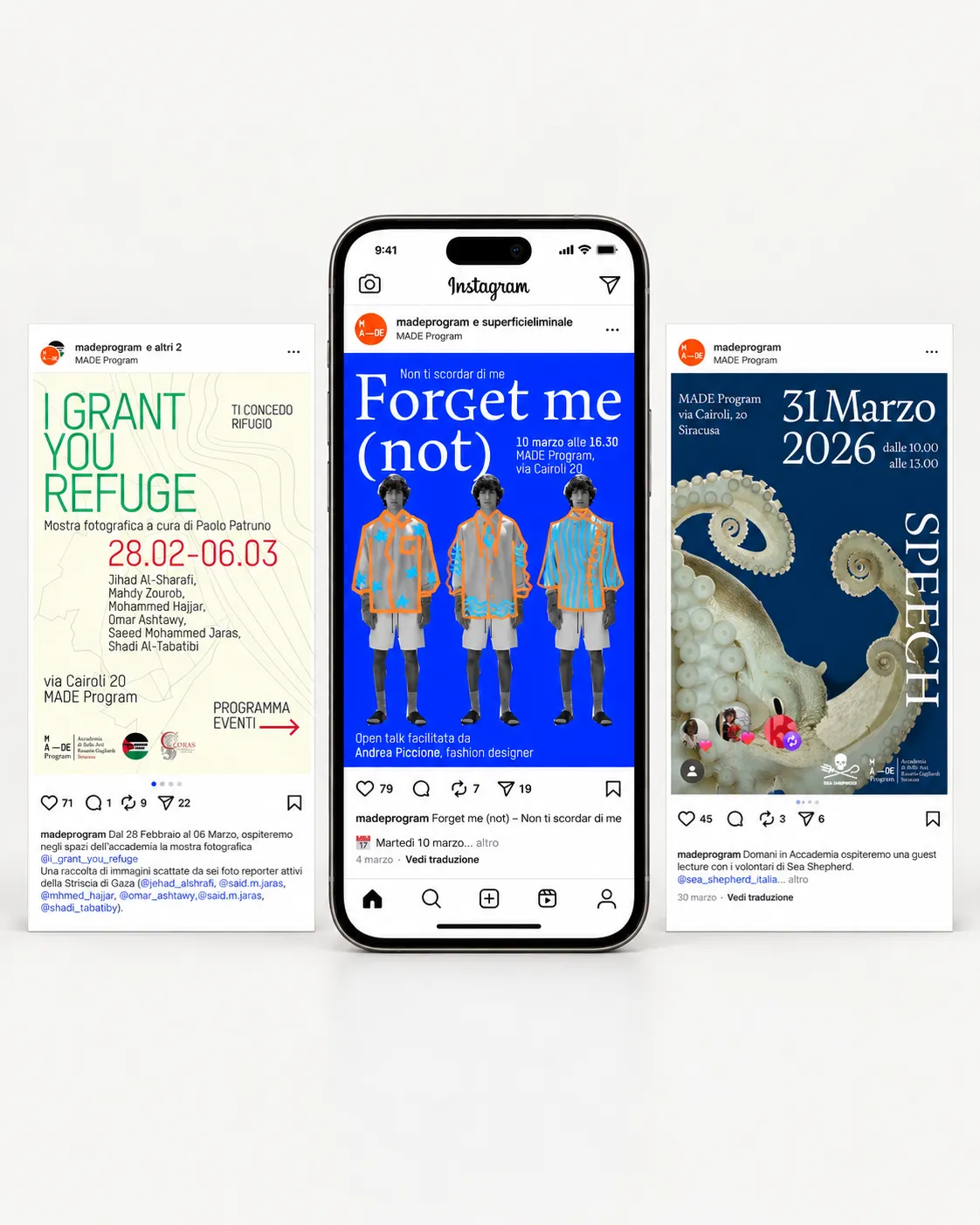 Three Instagram posts on a phone and cards